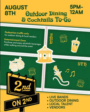 Graphic for Historic Downtown Upland’s “2nd on 2nd” event with dates, times, entertainment, dining, vendors, and pedestrian-only details.